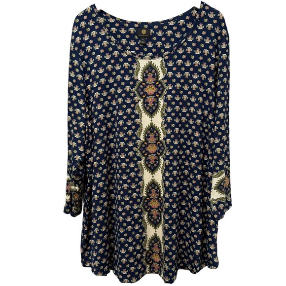 JM Collection Tunic Tee Plus Size 4X Navy Blue Boho Border Print Womens Top - Picture 1 of 10